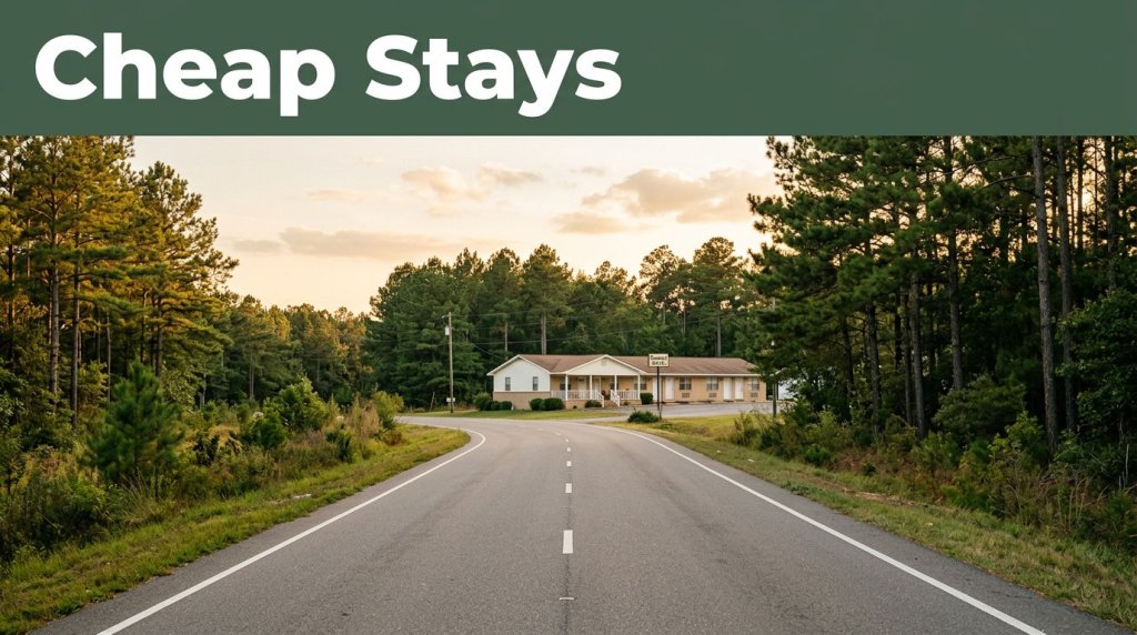 A modest roadside motel sits by a quiet highway surrounded by pine trees at sunset.
