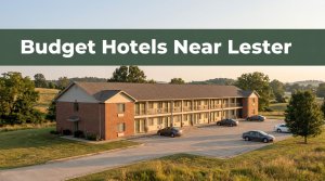 A two-story budget motel exterior during golden hour with a dark green headline banner.