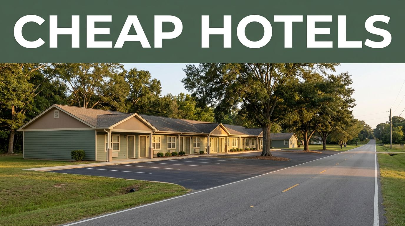 A modest motel and parking lot beside a quiet rural road in the warm afternoon sun.