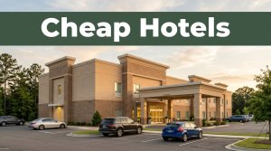 A clean budget hotel exterior at golden hour with parked cars and a welcoming entrance.