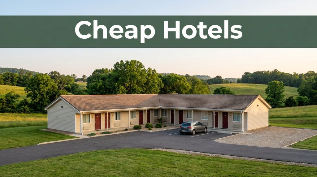 A roadside motel with a parked car, green hills, and a dark-green Cheap Hotels banner.