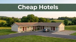 A roadside motel with a parked car, green hills, and a dark-green Cheap Hotels banner.