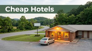 A warm and simple roadside motel exterior with a parked car.