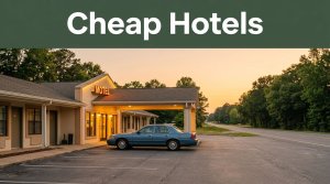 A welcoming roadside motel near a quiet tree-lined highway at golden hour.