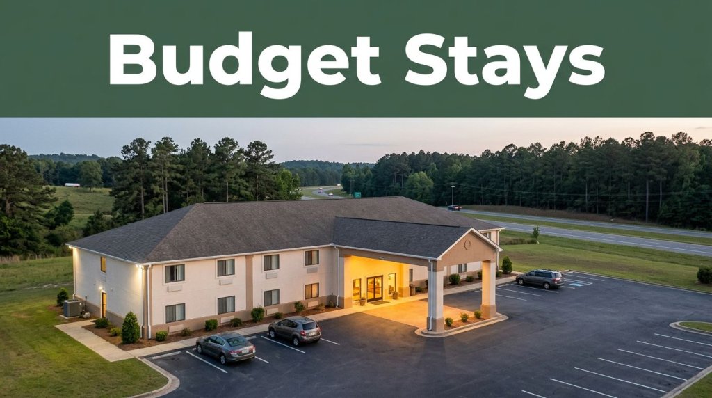 A clean, affordable two-story roadside motel at dusk with a parked sedan and pine trees.
