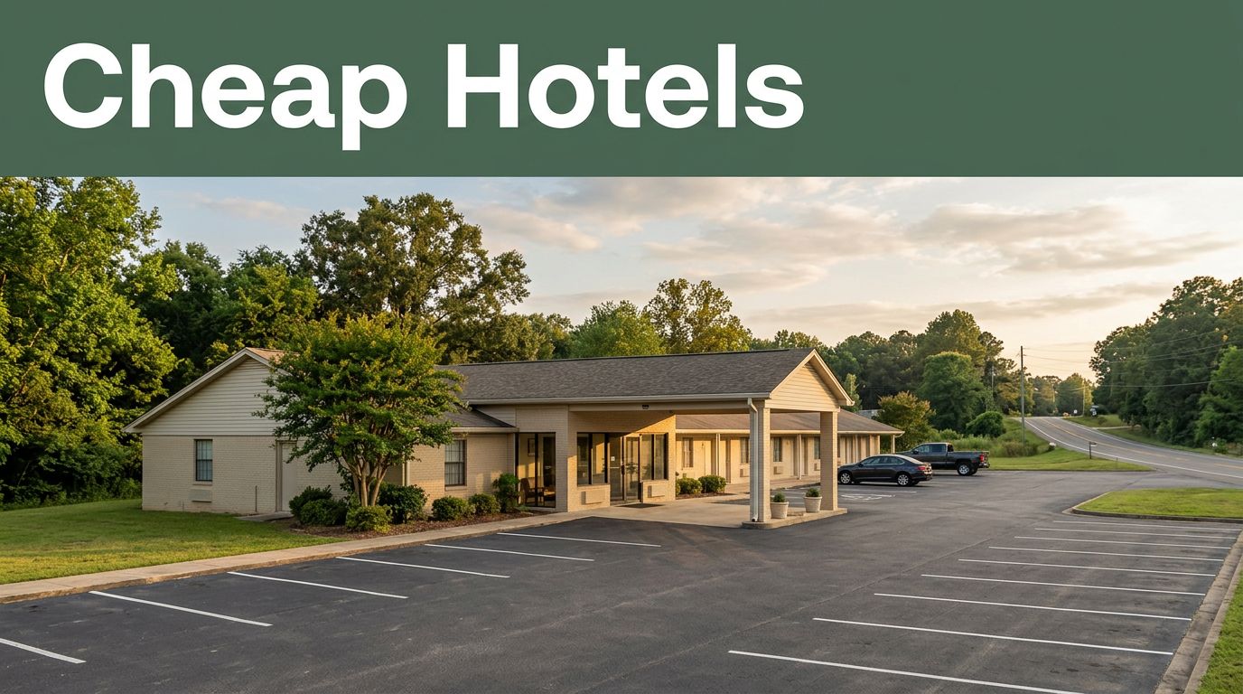 A modest hotel entrance surrounded by rural greenery at golden hour.