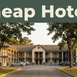 A modest roadside motel with parked cars and oak trees at golden hour.
