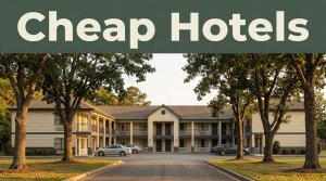A modest roadside motel with parked cars and oak trees at golden hour.