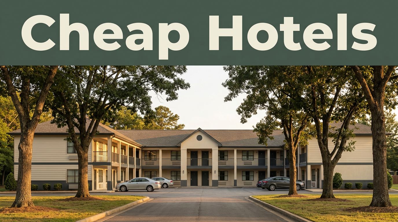 A modest roadside motel with parked cars and oak trees at golden hour.