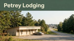 A quiet motel beside a rural Alabama highway with pine trees and a parked car.