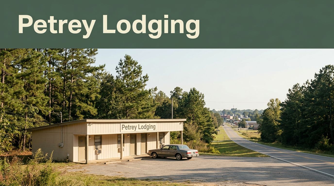 A quiet motel beside a rural Alabama highway with pine trees and a parked car.