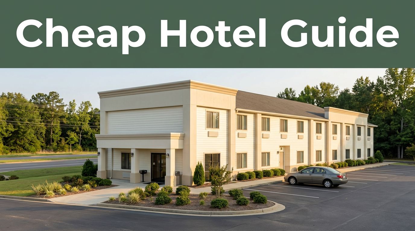 A two-story roadside hotel with a landscaped entrance and warm afternoon light.