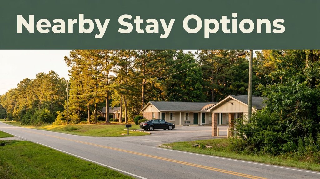 A small motel beside a country road with pine trees and one parked car.
