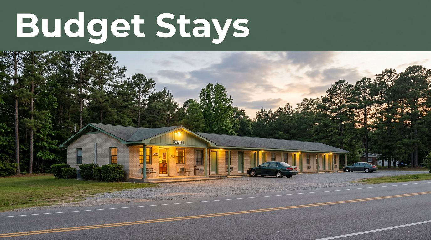 A roadside motel entrance beside a car, pine trees, and a quiet highway.