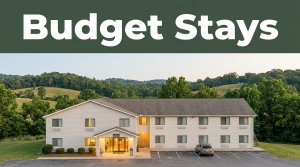 Roadside budget motel near Union Grove with a parked car, trees, hills, and a green banner.