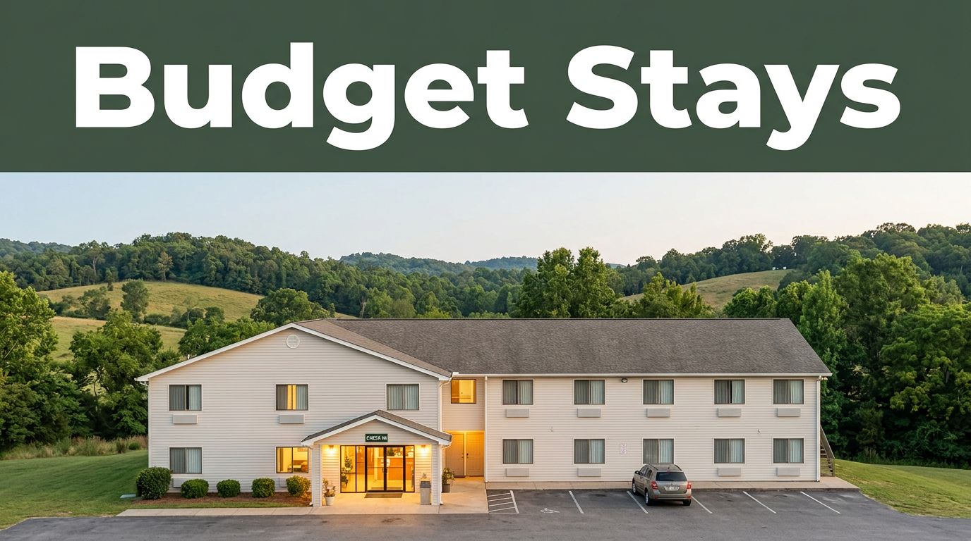 Roadside budget motel near Union Grove with a parked car, trees, hills, and a green banner.