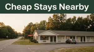 A budget roadside motel glows at golden hour along a quiet rural Alabama highway.