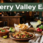 Mexican dishes, chips, salsa, and a drink on a wooden table in a cozy restaurant.