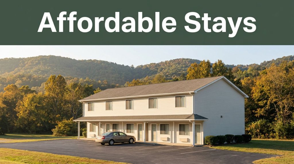 A two-story budget motel exterior with a parked car near wooded hills in morning light.