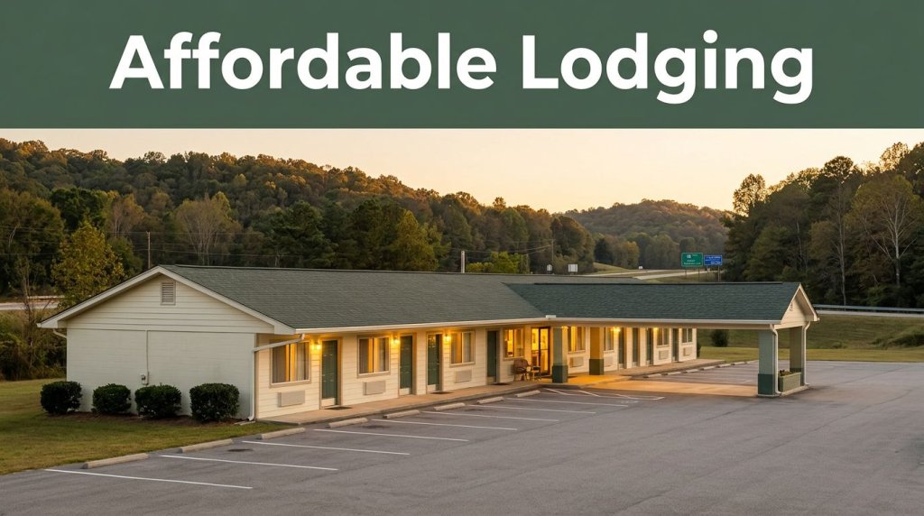 A charming motel near Woodland, Alabama glows warmly at golden hour beside wooded hills.
