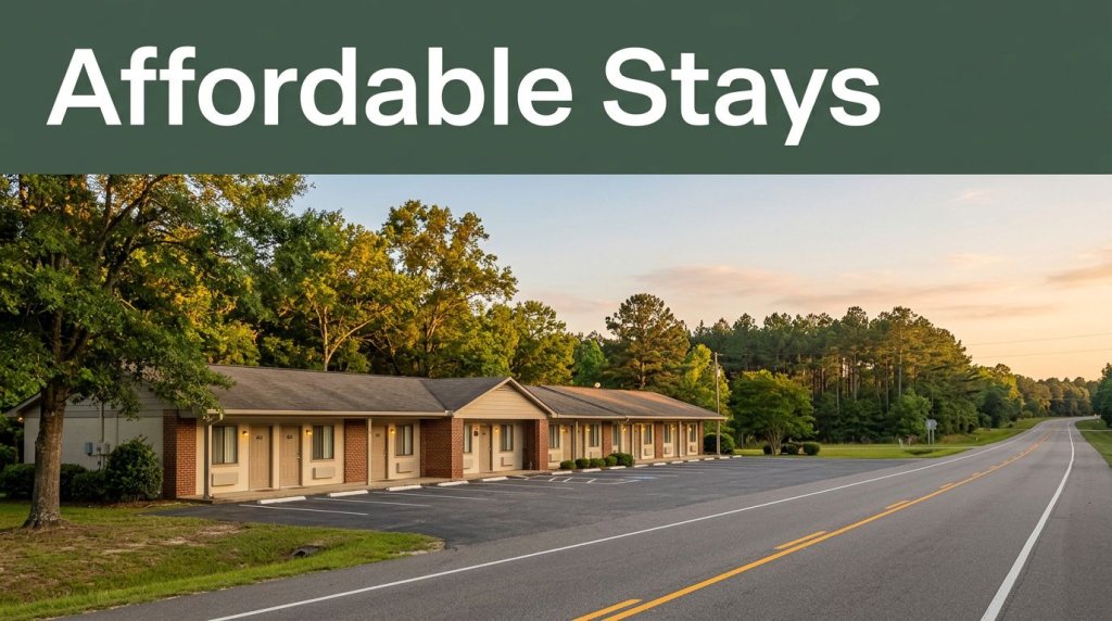 A modest roadside motel glowing at golden hour next to an open highway.