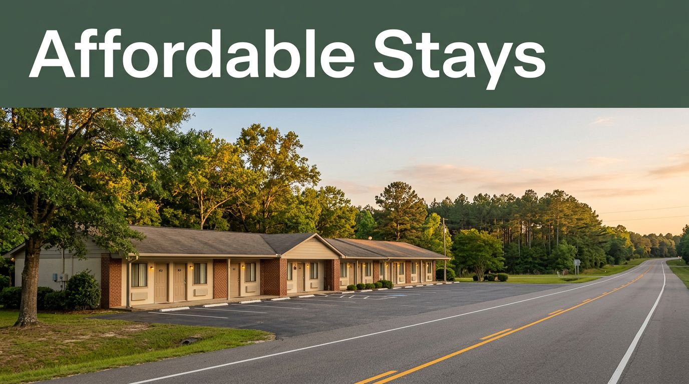A modest roadside motel glowing at golden hour next to an open highway.