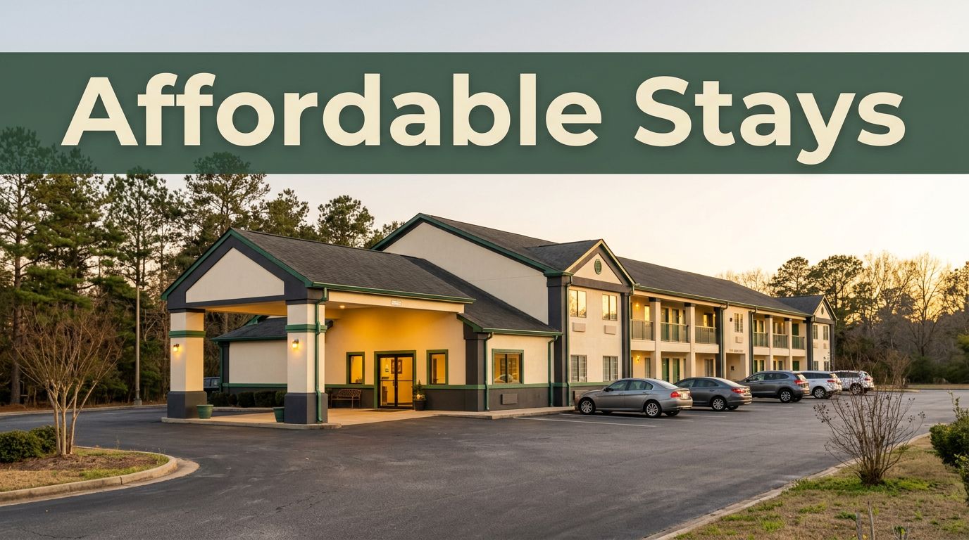 A clean roadside budget motel at sunset with a warmly lit entrance and a parked car.
