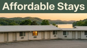 A clean modest motel by Weiss Lake during the golden hour with rolling hills in the background.