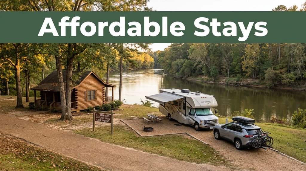 A rustic cabin and campsite beside a wooded river with a parked car under warm afternoon light.