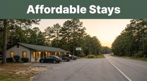 A welcoming rural motel along a highway in Alabama during the golden hour.