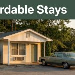 A modest rural motel and parked car surrounded by quiet trees at golden hour.