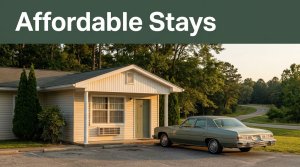 A modest rural motel and parked car surrounded by quiet trees at golden hour.