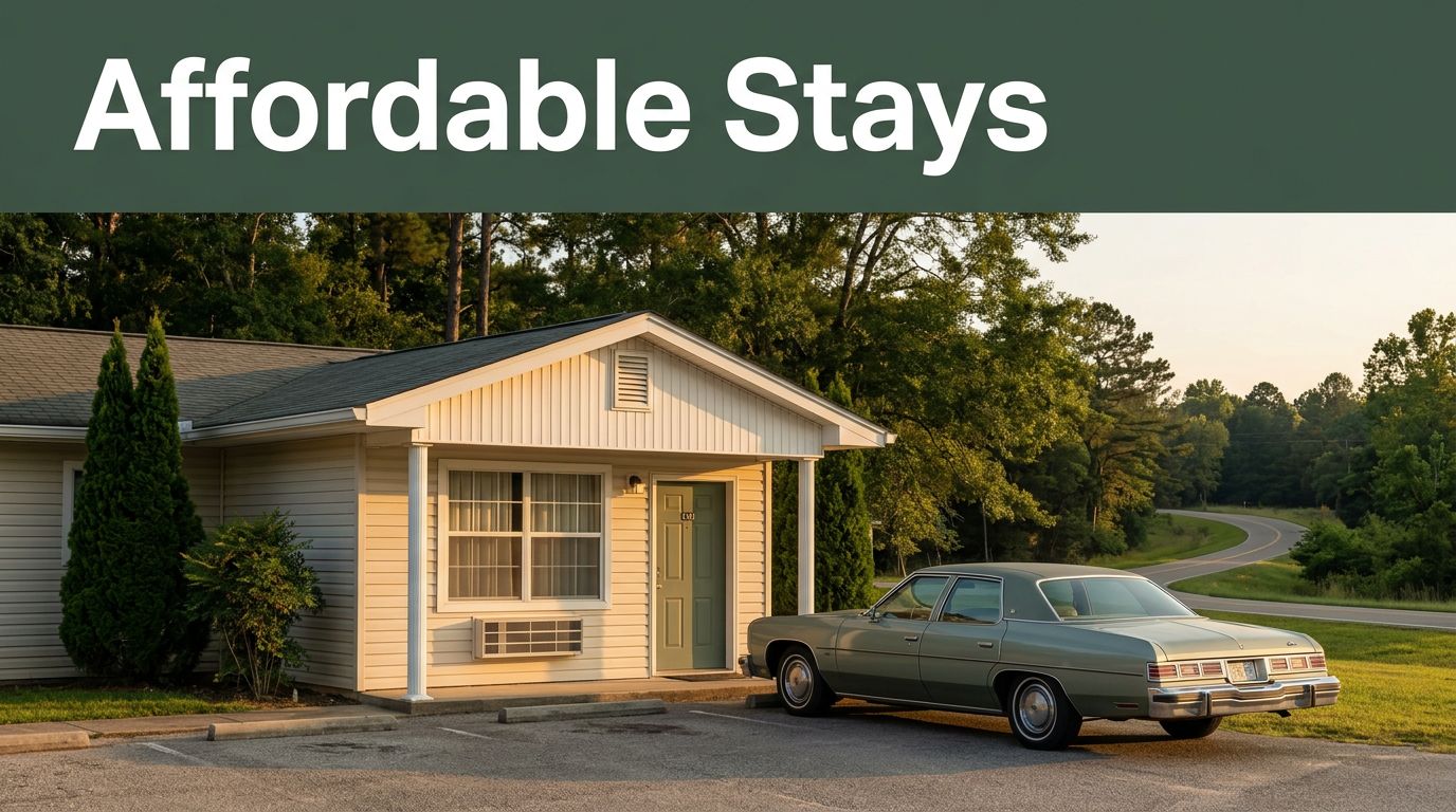 A modest rural motel and parked car surrounded by quiet trees at golden hour.