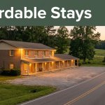 A warm, lighted roadside motel surrounded by rolling green hills at dusk.