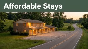 A warm, lighted roadside motel surrounded by rolling green hills at dusk.