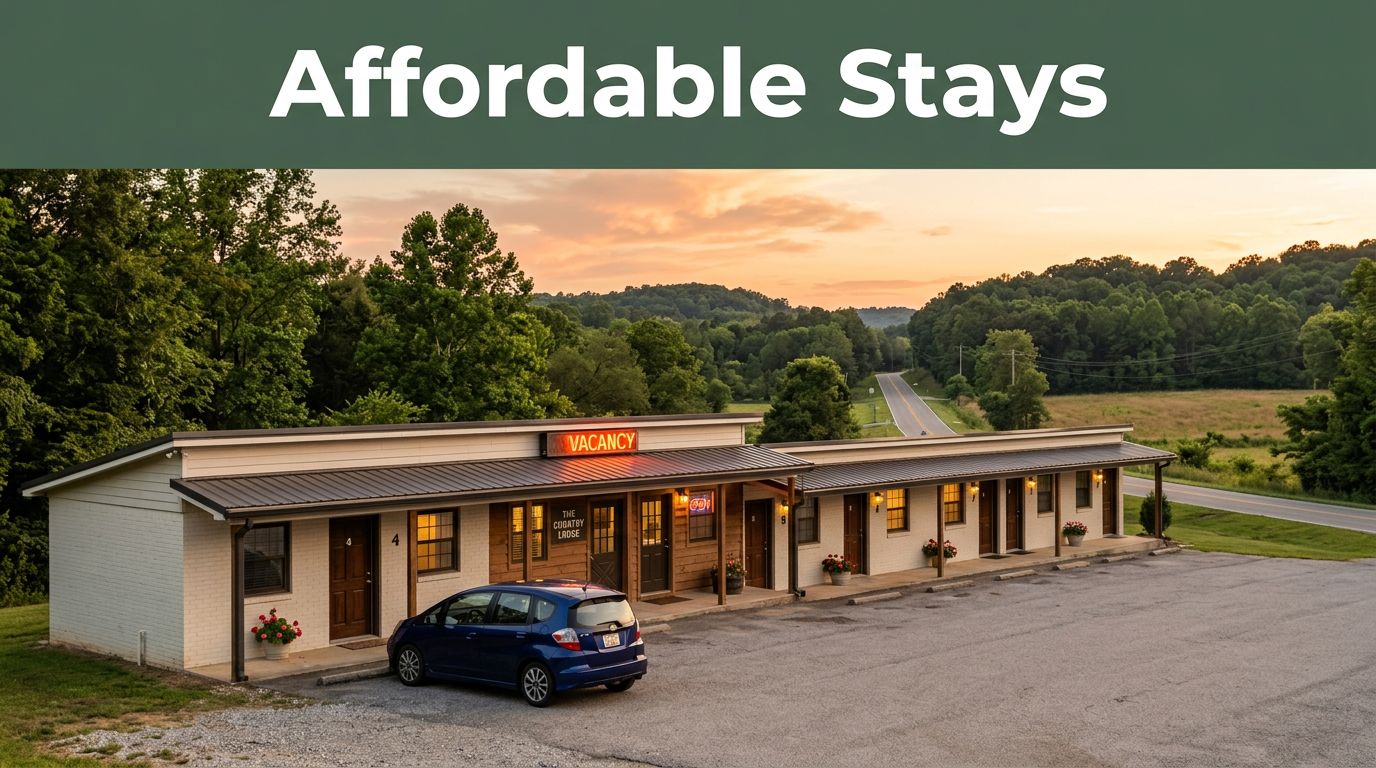 A modest roadside motel with a glowing vacancy sign along a rural highway at sunset.