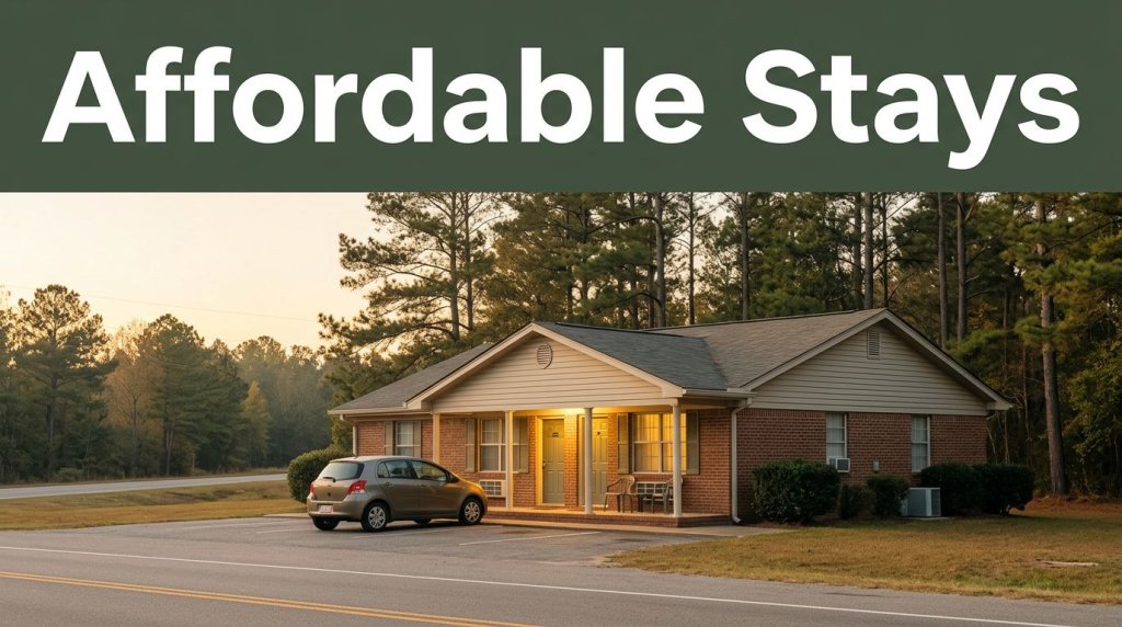 A modest motel in the pine woods with a parked car and glowing entrance at dawn.