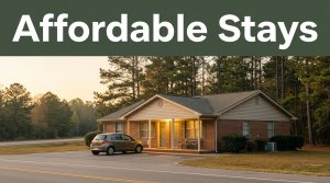 A modest motel in the pine woods with a parked car and glowing entrance at dawn.