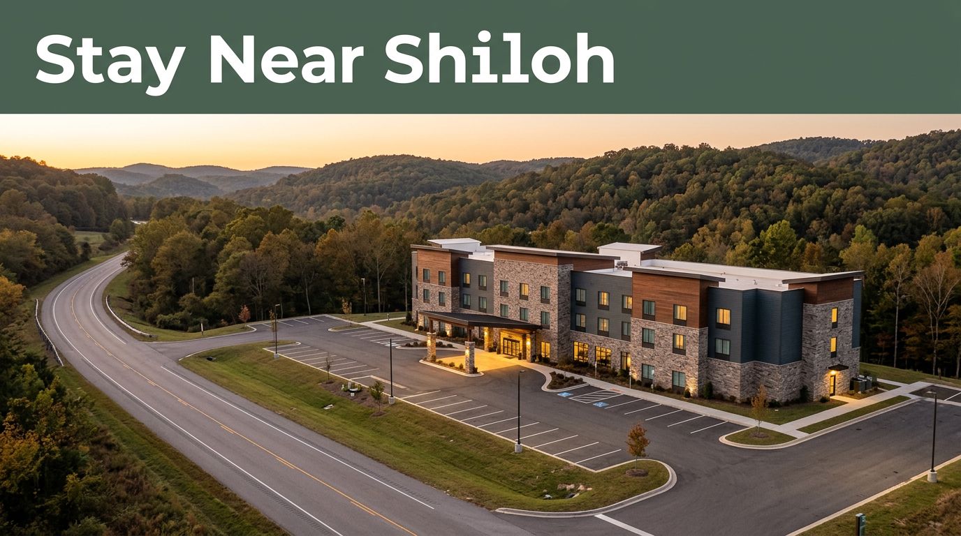A modern roadside hotel entrance illuminated at golden hour near wooded hills.