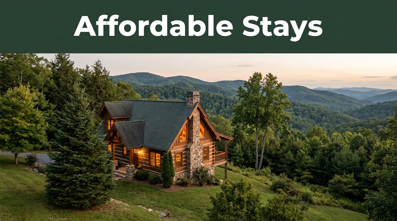 A rustic mountain cabin nestled in forested ridges at golden hour with a green text banner.