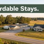 A quiet roadside motel and guest cottage along a rural Alabama highway at sunset.