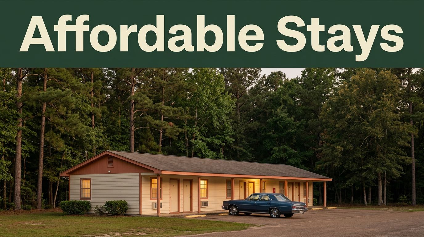 A modest motel with warm windows and a parked vintage car beside a quiet wooded road.