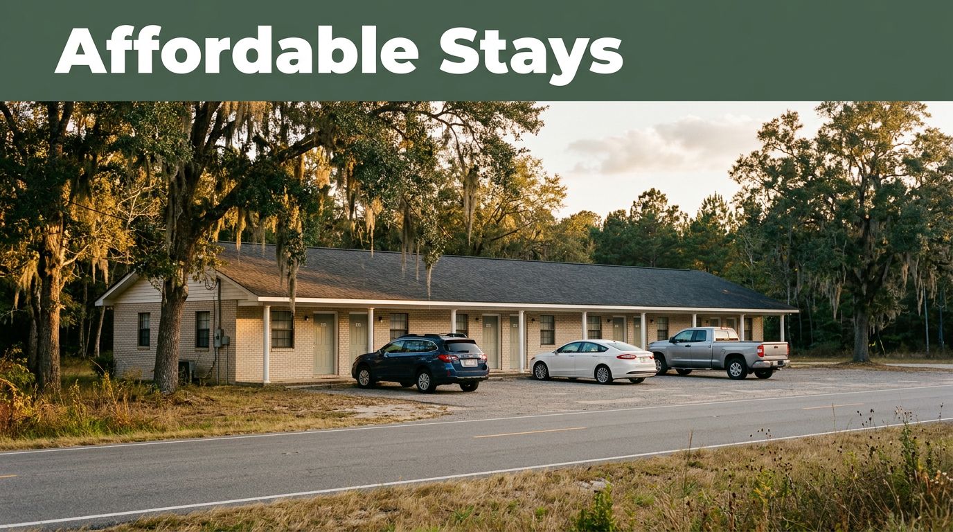 A modest roadside motel near a quiet highway during golden hour.