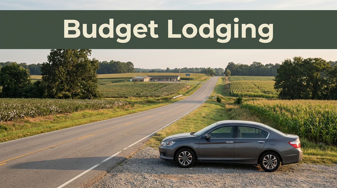 A parked car sits outside a modest rural motel along an empty Alabama highway.