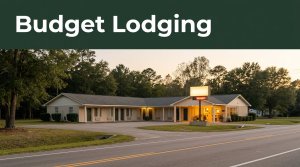 A warmly lit rural motel at golden hour with quiet trees and an empty two-lane road.