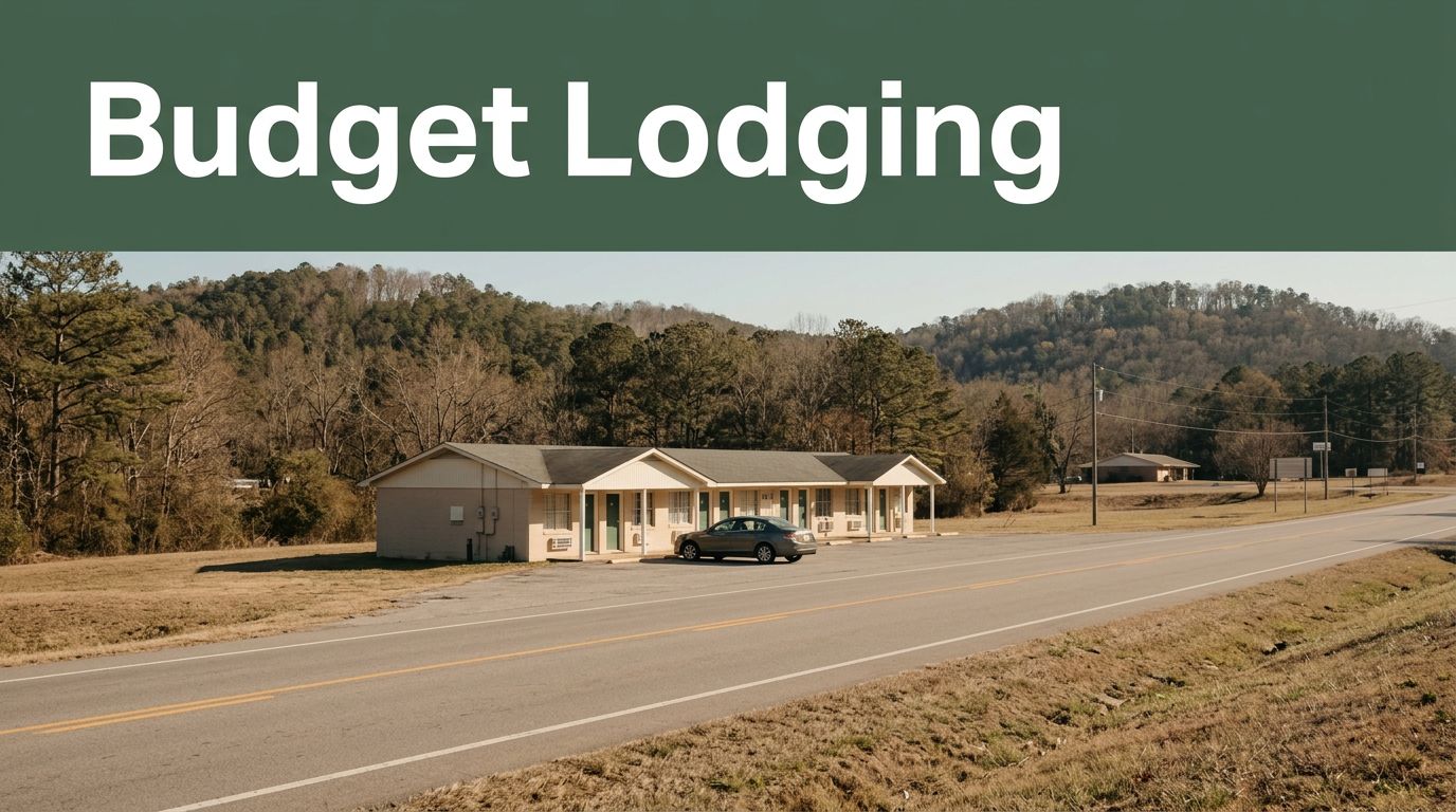 A modest roadside motel and parked car along a quiet highway in Walker County.