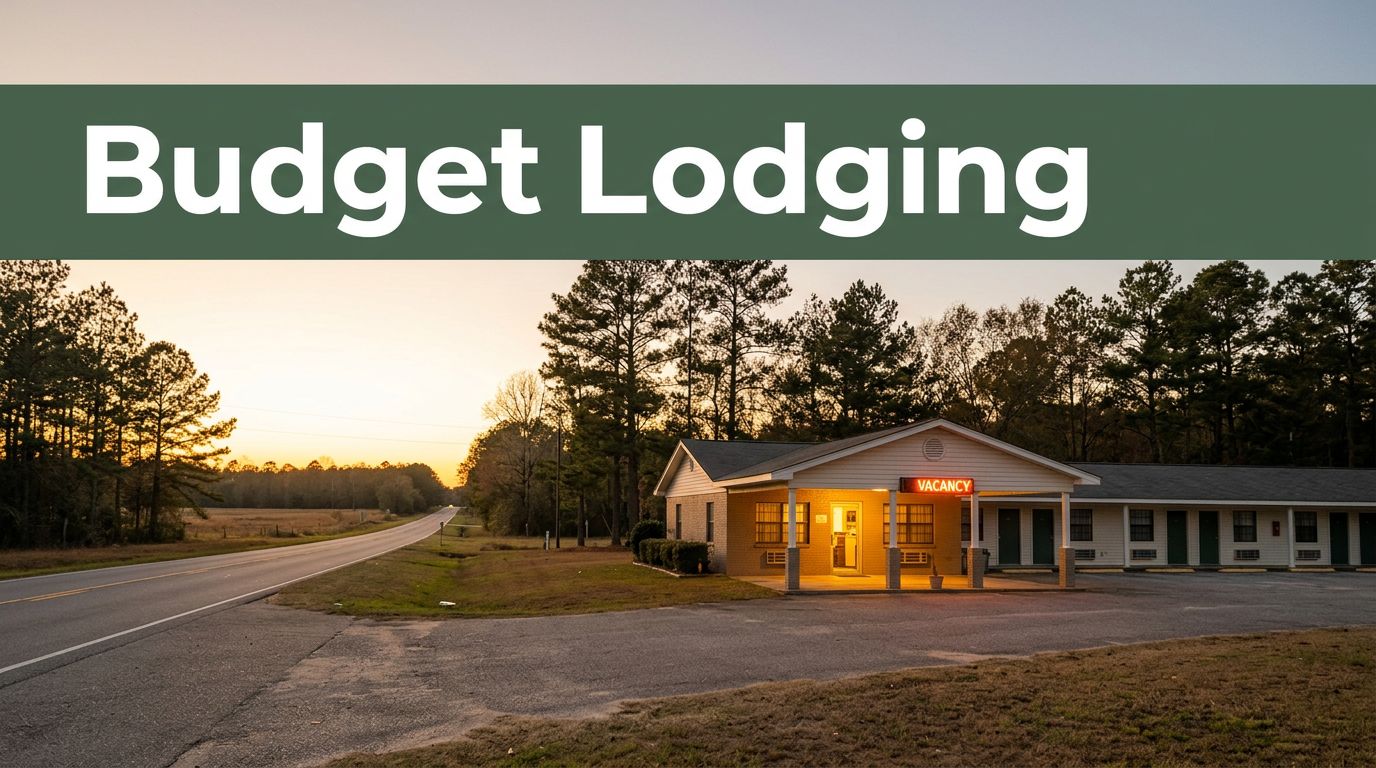 A roadside motel sits along a quiet rural highway during golden hour with a warm entrance light.