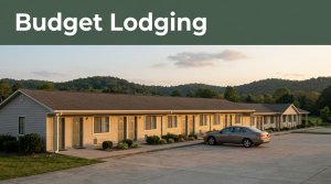 A modest roadside motel at dusk with wooded hills in the background.