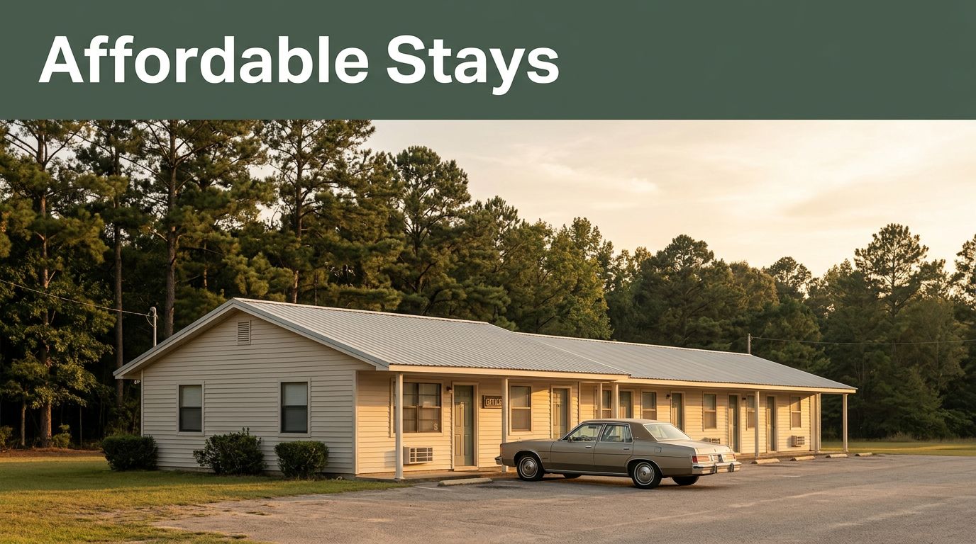 A modest roadside motel in the Alabama countryside during golden hour with a parked car.
