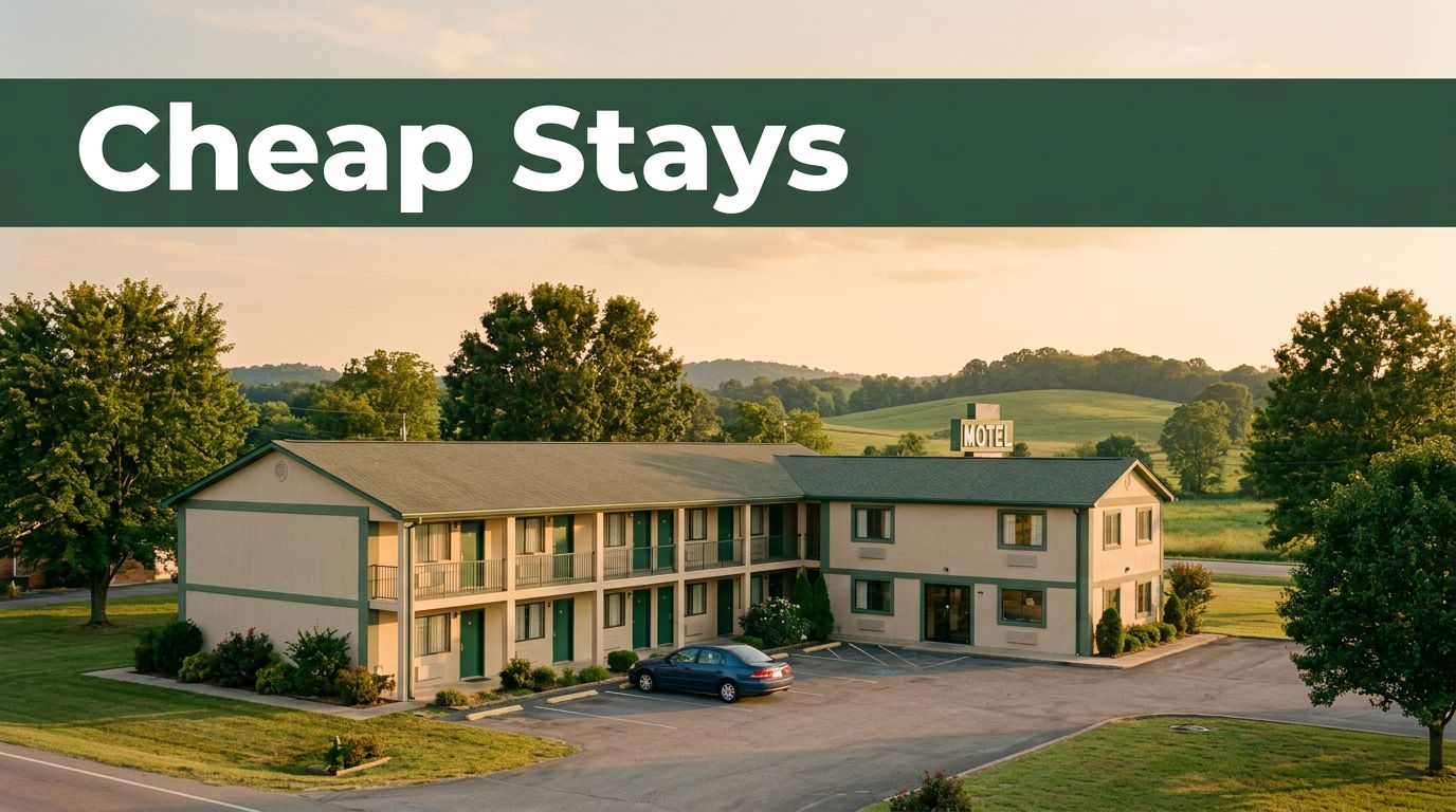 A budget two-story motel exterior in a rural setting at sunset.